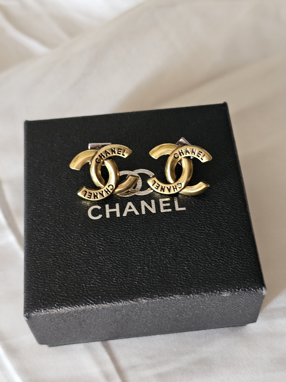 Chanel Vintage Bronze Tone Interlocking Logo Stud Earrings - Picture 2 of 2